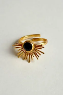 Cristina Oria Joyas Co|Joyas Co^Anillo Dorado Ajustable Con Diseño De Sol Y Onyx Negra