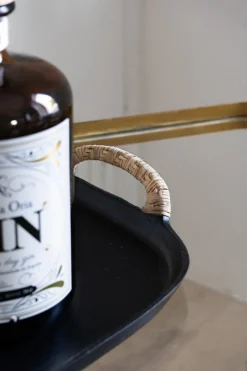 Cristina Oria Bandejas^Bandeja Negra Rectangular De Aluminio Con Asas De Ratán