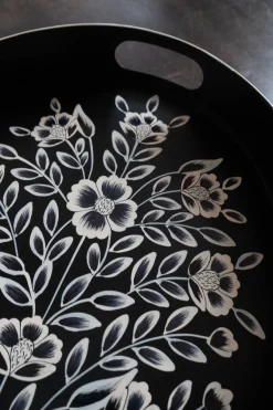 Cristina Oria Bandejas^Bandeja Oval Negra Con Flores Blancas Pintadas