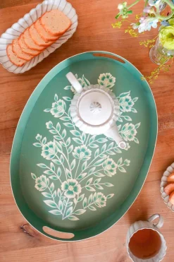 Cristina Oria Bandejas^Bandeja Oval Verde Con Flores Blancas Pintadas