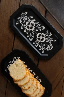 Cristina Oria Bandejas^Bandeja Pequeña Rectangular Negra Con Flores Blancas Pintadas