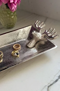Cristina Oria Bandejas^Bandeja Rectangular Plateada Con Cabeza Ciervo