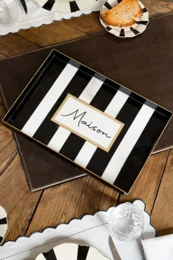 Cristina Oria Bandejas^Bandeja Rectangular Rayas Blancas Y Negras Con Mensaje "Maison"