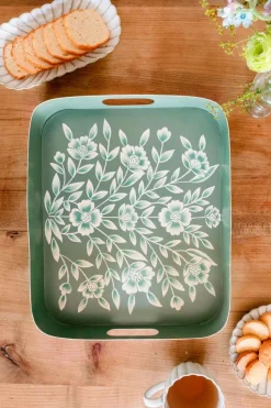 Cristina Oria Bandejas^Bandeja Rectangular Verde Con Flores Blancas Pintadas