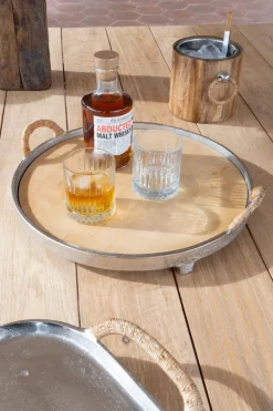 Cristina Oria Bandejas^Bandeja Redonda De Madera Y Aluminio Con Asas De Ratán