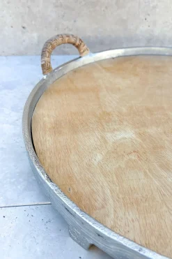 Cristina Oria Bandejas^Bandeja Redonda De Madera Y Aluminio Con Asas De Ratán