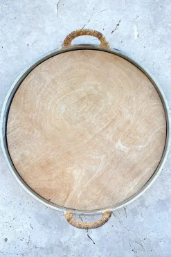 Cristina Oria Bandejas^Bandeja Redonda De Madera Y Aluminio Con Asas De Ratán