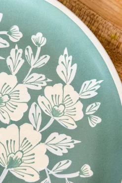 Cristina Oria Bandejas^Bandeja Redonda Verde Con Flores Blancas Pintadas A Mano