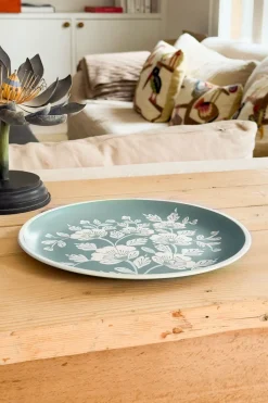 Cristina Oria Bandejas^Bandeja Redonda Verde Con Flores Blancas Pintadas A Mano