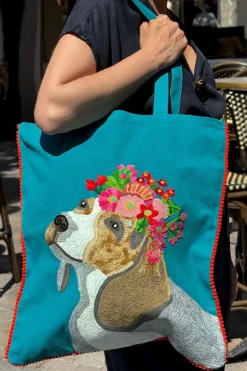 Cristina Oria Bolsos, Bolsas Y Neceseres|Otros Textil^Bolsa Bordada A Mano Con Diseño De Perro Azul
