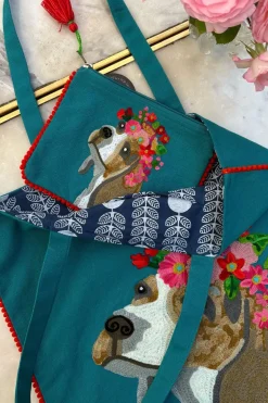 Cristina Oria Bolsos, Bolsas Y Neceseres|Otros Textil^Bolsa Bordada A Mano Con Diseño De Perro Azul