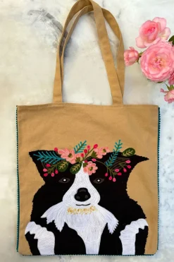 Cristina Oria Bolsos, Bolsas Y Neceseres|Otros Textil^Bolsa Bordada A Mano Con Diseño De Perro Beige