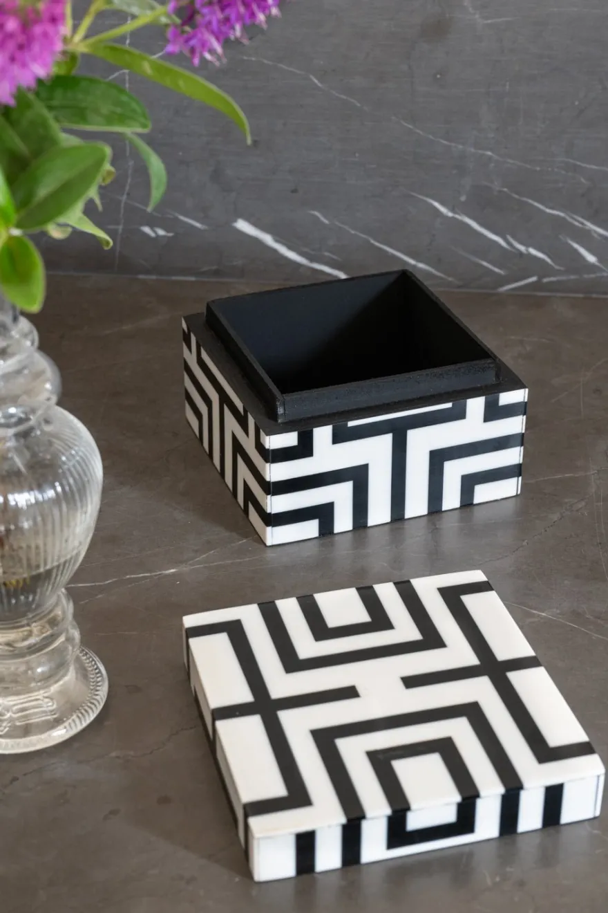 Cristina Oria Piezas Decorativas^Caja Decorativa Mini De Resina Cuadrada Con Diseño De Puzle Blanca Y Negra