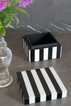 Cristina Oria Piezas Decorativas^Caja Decorativa Mini De Resina Cuadrada Con Diseño De Rayas Blancas Y Negras