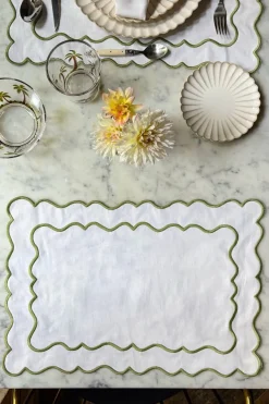 Cristina Oria Manteles Individuales^Individual Impermeable Blanco Con Borde Ondulado Verde