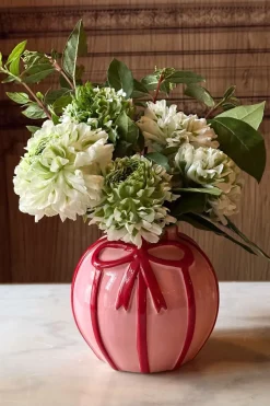 Cristina Oria Jarrones, Floreros Y Maceteros^Jarrón De Porcelana Rosa Con Lazo Rojo