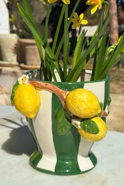 Cristina Oria Jarrones, Floreros Y Maceteros^Jarrón Diseño Limones Y Fondo Rayas Verdes