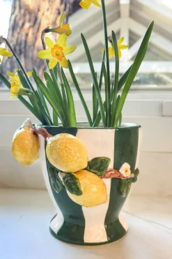 Cristina Oria Jarrones, Floreros Y Maceteros^Jarrón Diseño Limones Y Fondo Rayas Verdes