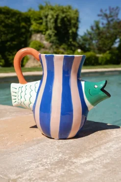 Cristina Oria Piezas Decorativas|Jarrones, Floreros Y Maceteros^Jarrón Rayas Rosas Y Azules Con Pez Verde