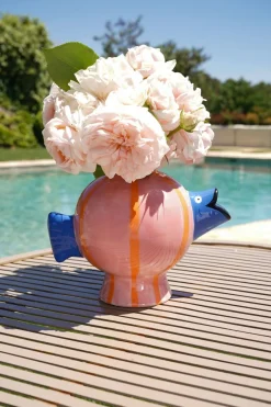 Cristina Oria Piezas Decorativas|Jarrones, Floreros Y Maceteros^Jarrón Rayas Rosas Y Naranjas Con Pez Azul