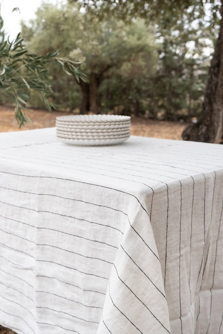 Cristina Oria Manteles^Mantel De Lino Color Blanco Con Rayas Negras