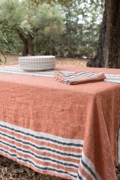 Cristina Oria Manteles^Mantel De Lino Color Teja Con Rayas Beige & Grises