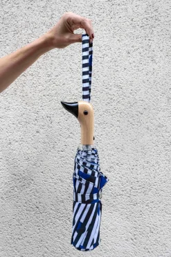 Cristina Oria Paraguas^Paraguas Con Diseño De Rayas Negras & Puntos Azules Y Mango Con Cabeza De Pato