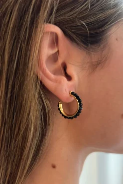 Cristina Oria Joyas Co|Joyas Co^Pendientes Dorados Con Diseño De Aros Y Onyx Negras