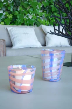 Cristina Oria Candelabros Y Portavelas^Portavelas Rayas Irregulares Azules Y Rosas Alto