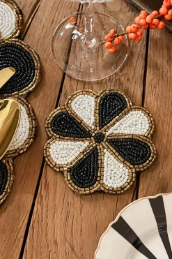 Cristina Oria Posavasos Y Servilleteros^Posavasos Flor Blanco Y Negro Bordado Con Cuentas