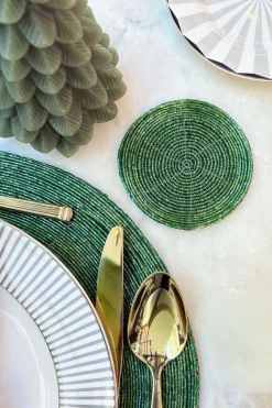 Cristina Oria Posavasos Y Servilleteros^Posavasos Verde Bordado Con Cuentas