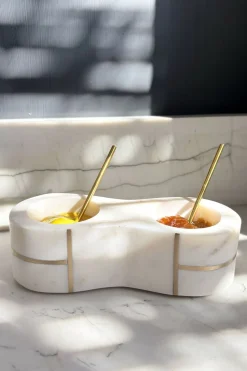 Cristina Oria Accesorios De Mesa^Recipiente Doble De Mármol Blanco Con Cucharas Doradas