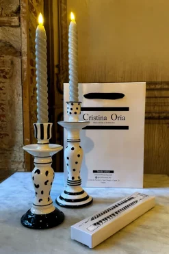 Cristina Oria Candelabros Y Portavelas|Velas^Set De 2 Candelabros Blancos Y Negros & Velas LED