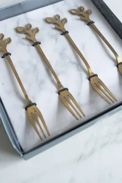 Cristina Oria Cubiertos De Aperitivo|Cubiertos De Postre^Set De 4 Tenedores Dorados Con Diseño De Hojas