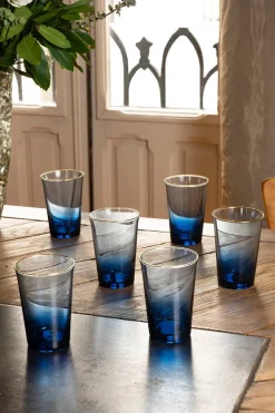 Cristina Oria Vasos^Set De 6 Vasos De Cristal Azul Con Filo Dorado