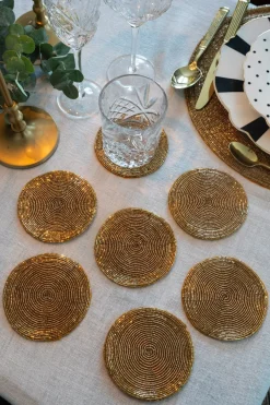 Cristina Oria Posavasos Y Servilleteros^Set De Seis Posavasos Dorados Bordados Con Cuentas