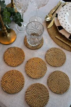 Cristina Oria Posavasos Y Servilleteros^Set De Seis Posavasos Dorados Bordados Con Hilo