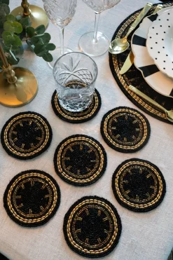 Cristina Oria Posavasos Y Servilleteros^Set De Seis Posavasos Negros Con Detalles Dorados Bordados Con Cuentas