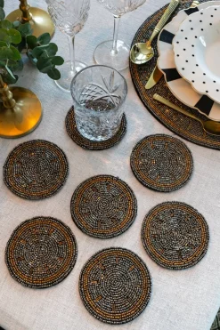 Cristina Oria Posavasos Y Servilleteros^Set De Seis Posavasos Plateados Con Detalles Dorados Bordados Con Cuentas