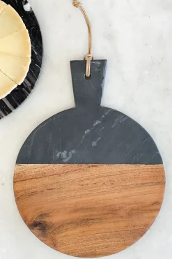 Cristina Oria Tablas^Tabla Redonda De Mármol Negra Y Madera Con Mango